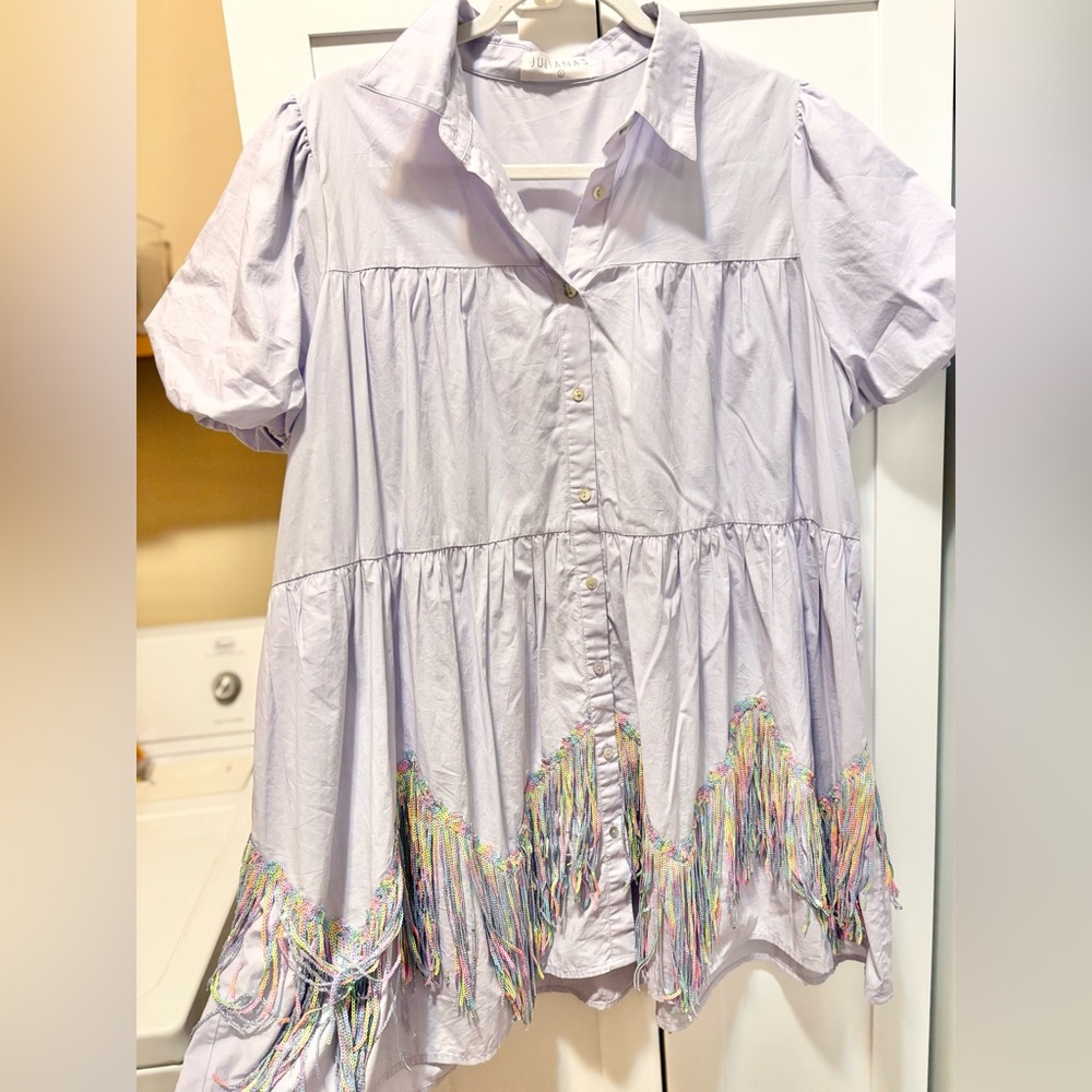 Lavender Button-Up Dress with Sequin Fringe Detail